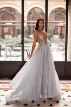 Yolanda Beaded Tulle Gown - Silver